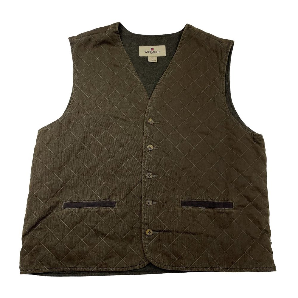 Woolrich Fleece Lined Canvas Quilted Button Vest Size L Saddle Brown Equestrian